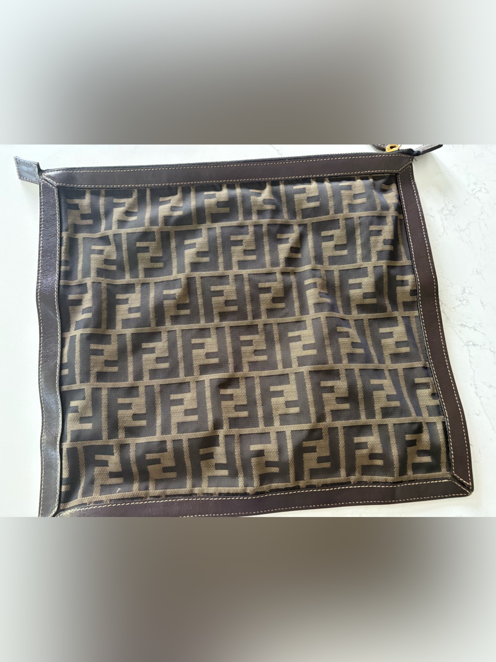 Fendi Brown FF Logo Canvas Pouch with brown leather trim - Picture 5 of 11